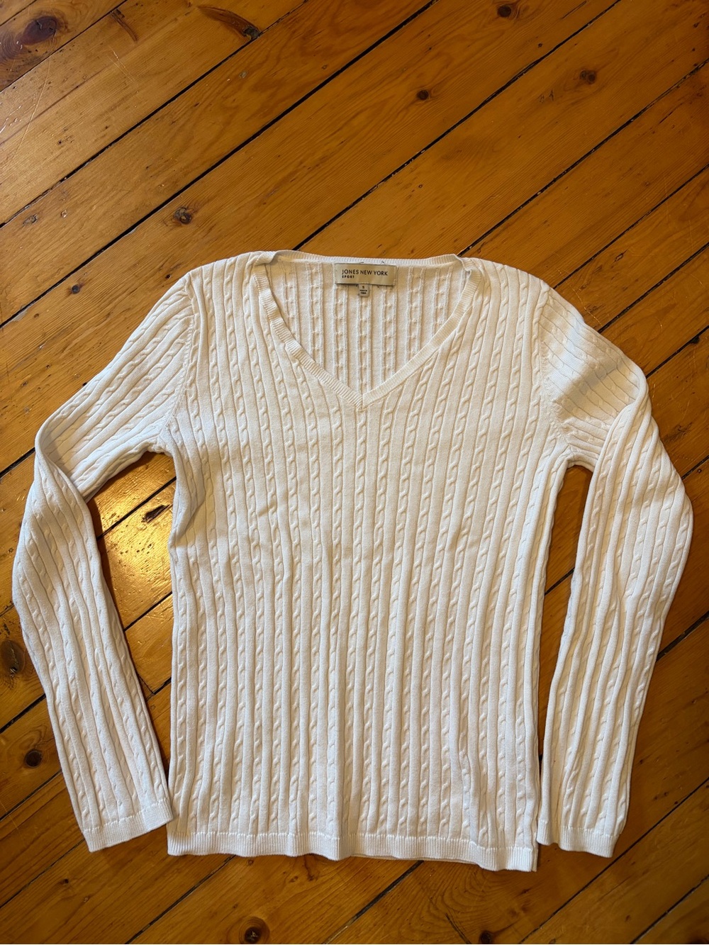 Jones New York White Cable Knit V-Neck Sweater